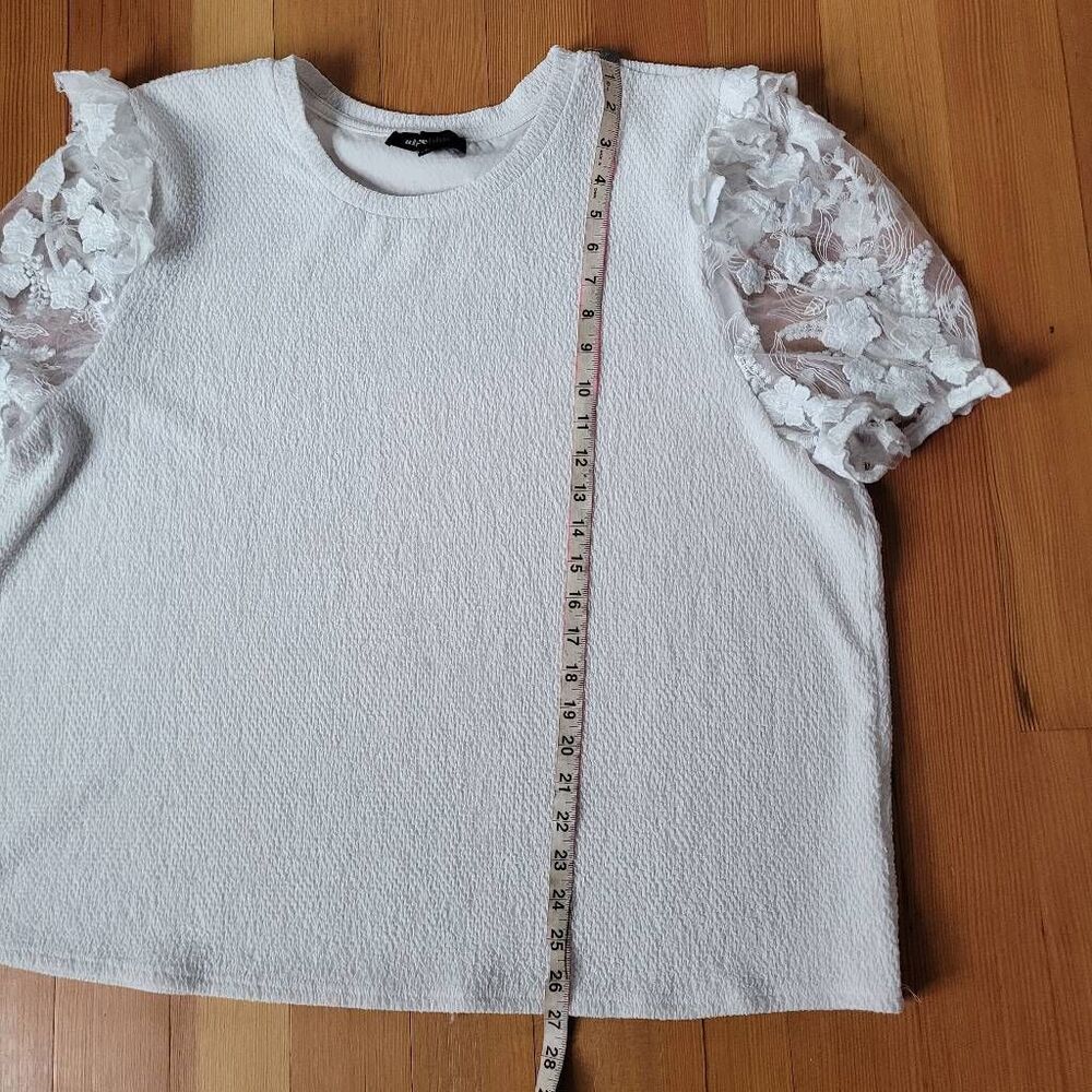 Alice Blue 3X white blouse crinkle textured fabric 3D floral sheer sleeves ruffl - Picture 7 of 11